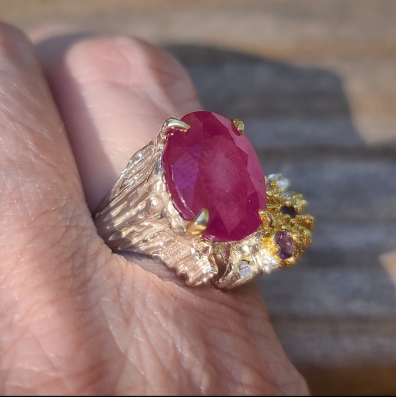 HUGE 15k Star Ruby Amethyst &Sterling & Gold 🕷 spider ring sz 8.5 - Picture 4 of 9